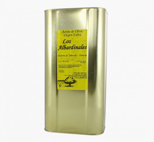 Extrajungfru kallpressad olivolja Los Albardinales framställd av Rafael Alonso på den egna gården i Taberna Almeria (Spanien). Plåtdunk 5 liter